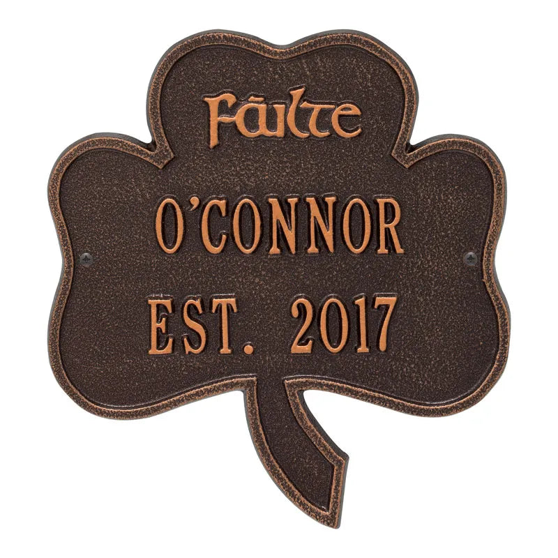 Whitehall Products Shamrock Address Plaque Two Lines Antique Copper