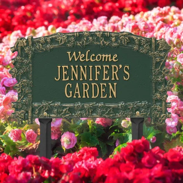 Whitehall Products Ivy Trellis Garden Welcome Personalized Lawn Plaque Two Lines Black/gold