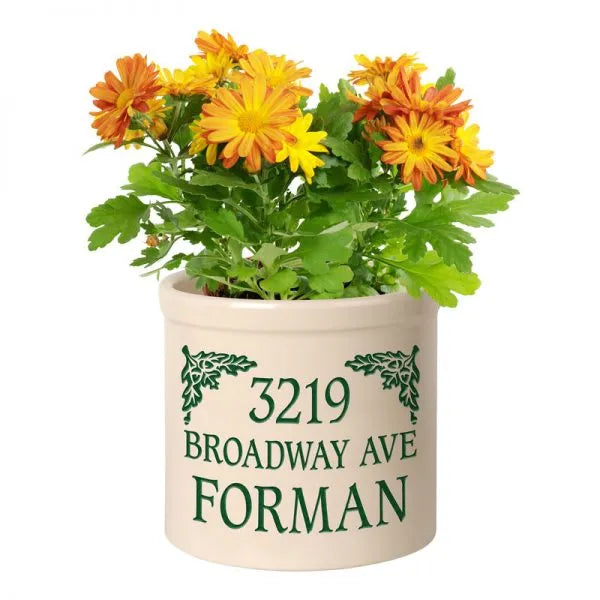 Whitehall Products Personalized Oak Leaf 2 Gallon Stoneware Crock Three Lines Blue