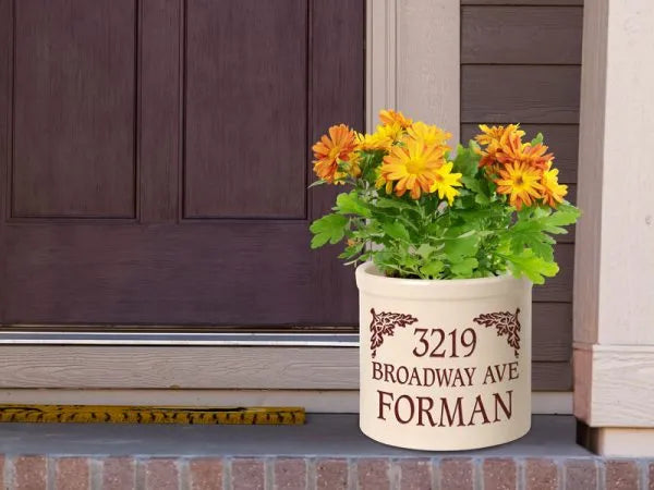 Whitehall Products Personalized Oak Leaf 2 Gallon Stoneware Crock Three Lines Green