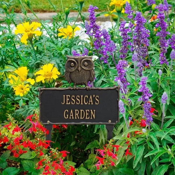 Whitehall Products Owl Garden Personalized Lawn Plaque Two Lines Black/gold