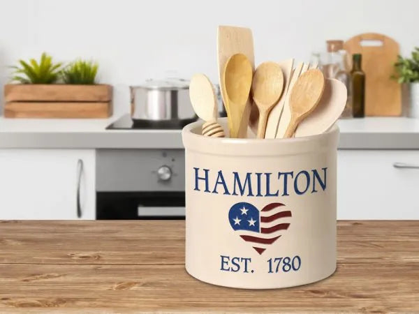 Whitehall Products Personalized Heart Flag 2 Gallon Stoneware Crock Two Lines