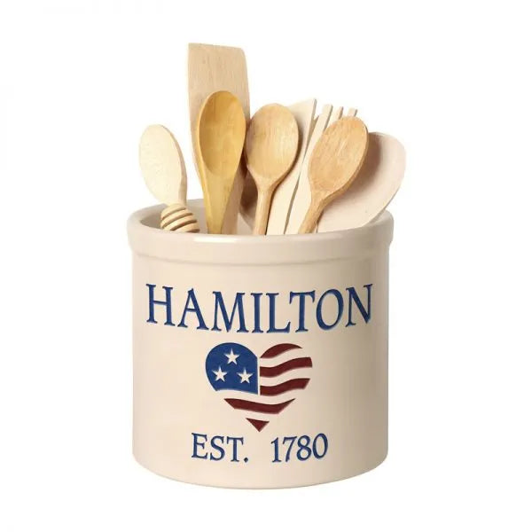 Whitehall Products Personalized Heart Flag 2 Gallon Stoneware Crock Two Lines