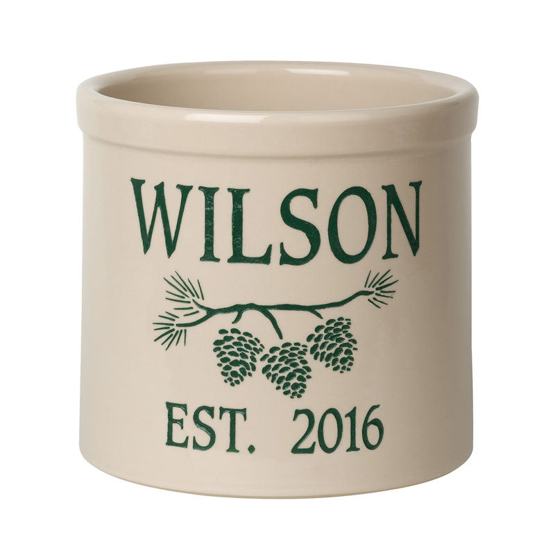 Whitehall Products Personalized Pine Bough 2 Gallon Stoneware Crock Two Lines