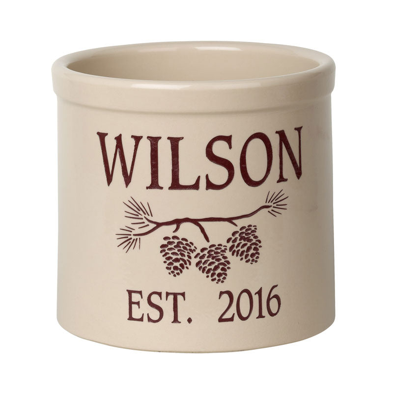 Whitehall Products Personalized Pine Bough 2 Gallon Stoneware Crock Two Lines