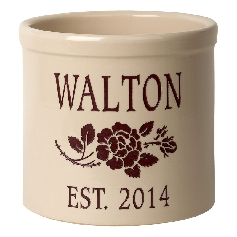 Whitehall Products Personalized Rose Stem Established 2 Gallon Stoneware Crock Two Lines