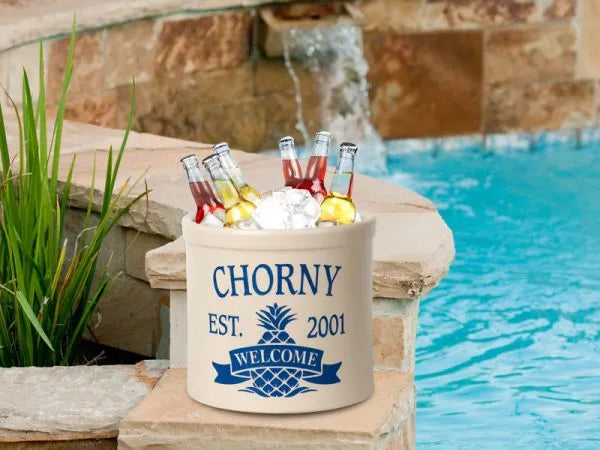 Whitehall Products Personalized Pineapple 2 Gallon Stoneware Crock Two Lines Blue