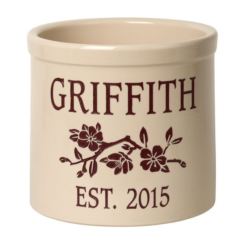 Whitehall Products Personalized Dogwood Branch Established 2 Gallon Stoneware Crock Two Lines