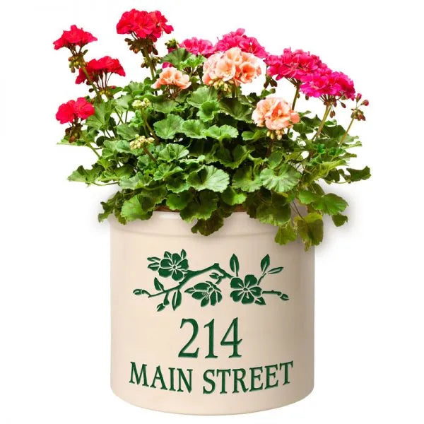 Whitehall Products Personalized Dogwood Branch 2 Gallon Stoneware Crock Two Lines Blue