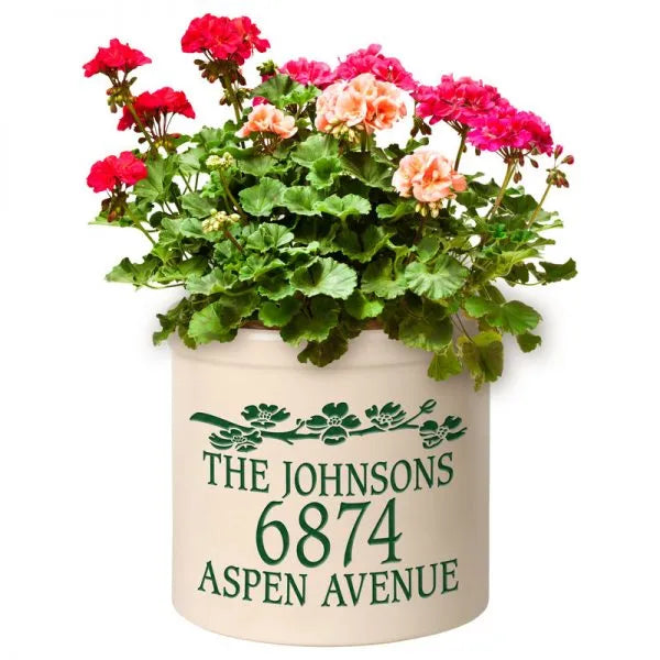 Whitehall Products Personalized Dogwood 2 Gallon Stoneware Crock Three Lines Blue