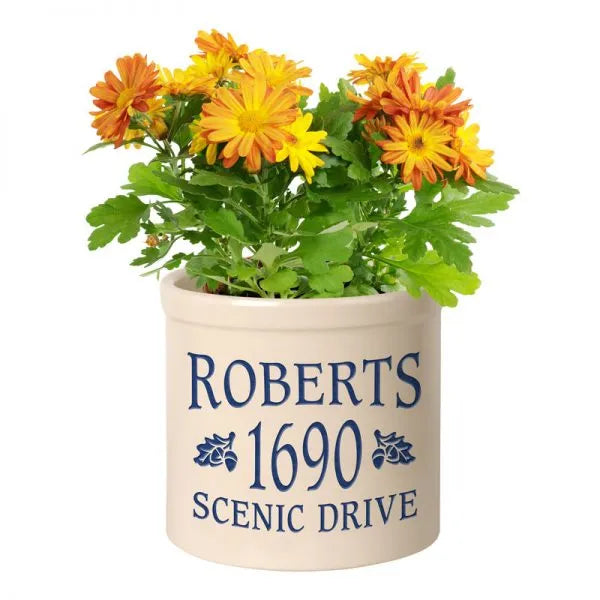 Whitehall Products Personalized Oak Leaf 2 Gallon Stoneware Crock Three Lines 3 Blue