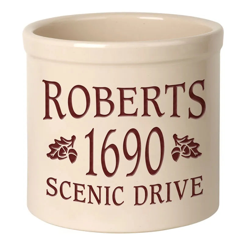 Whitehall Products Personalized Oak Leaf 2 Gallon Stoneware Crock Three Lines 3 Black