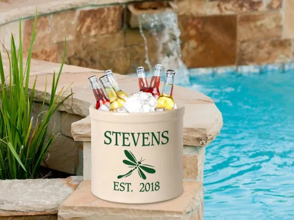 Whitehall Products Personalized Dragonfly 2 Gallon Stoneware Crock Two Lines Blue