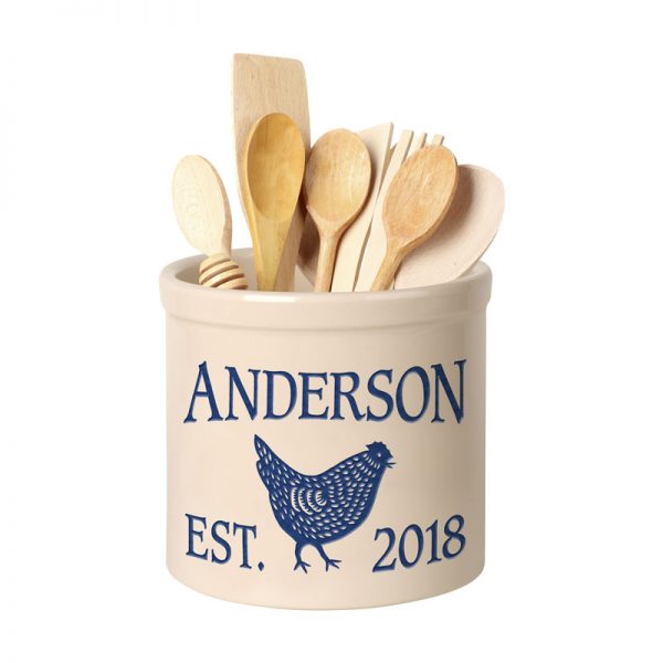 Whitehall Products Personalized Chicken 2 Gallon Stoneware Crock Two Lines Blue
