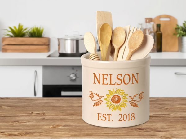 Whitehall Products Personalized Sunflower Established 2 Gallon Stoneware Crock Two Lines