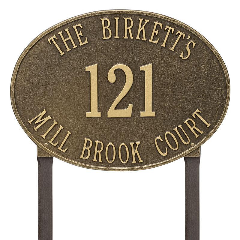 Whitehall Products Large Hawthorne Oval Personalized Lawn Plaque Three Lines Antique Brass