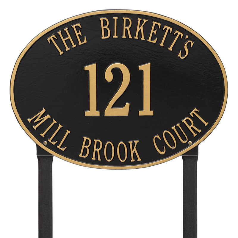 Whitehall Products Large Hawthorne Oval Personalized Lawn Plaque Three Lines Black / Gold