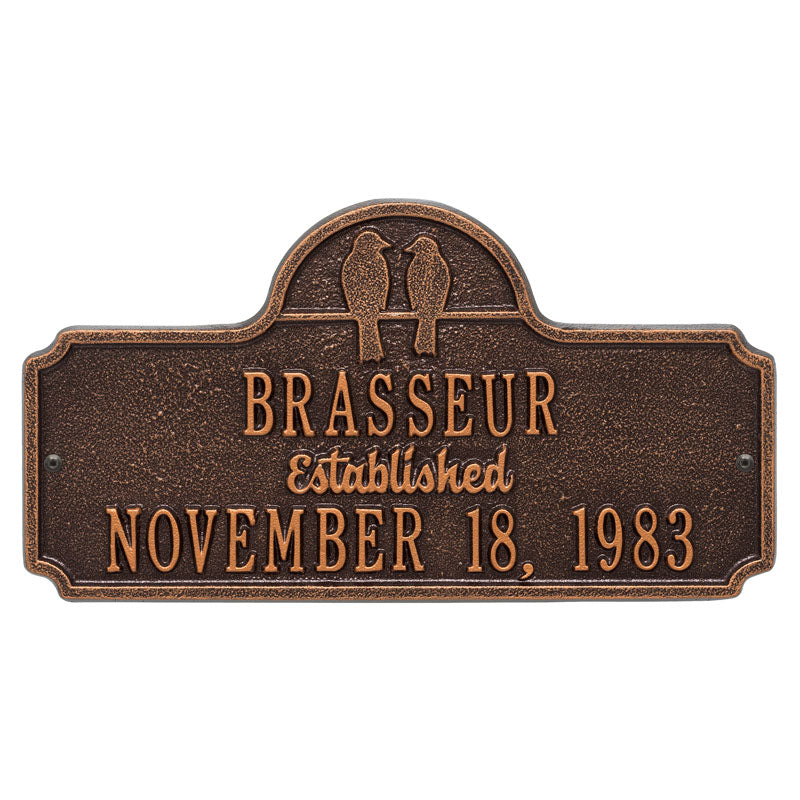 Whitehall Products Love Birds Anniversary Wedding Personalized Plaque Two Lines Antique Copper