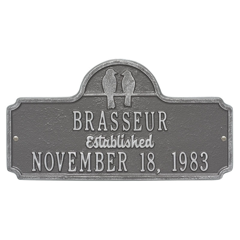 Whitehall Products Love Birds Anniversary Wedding Personalized Plaque Two Lines Pewter / Silver