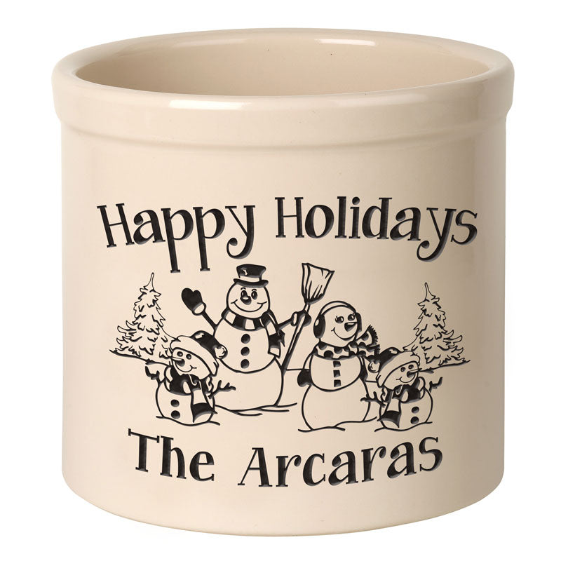 Whitehall Products Personalized Snowman Family Two Child 2 Gallon Stoneware Crock Two Lines Black