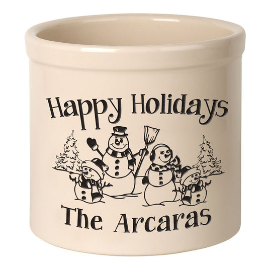Whitehall Products Personalized Snowman Family Two Child 2 Gallon Stoneware Crock Two Lines Black