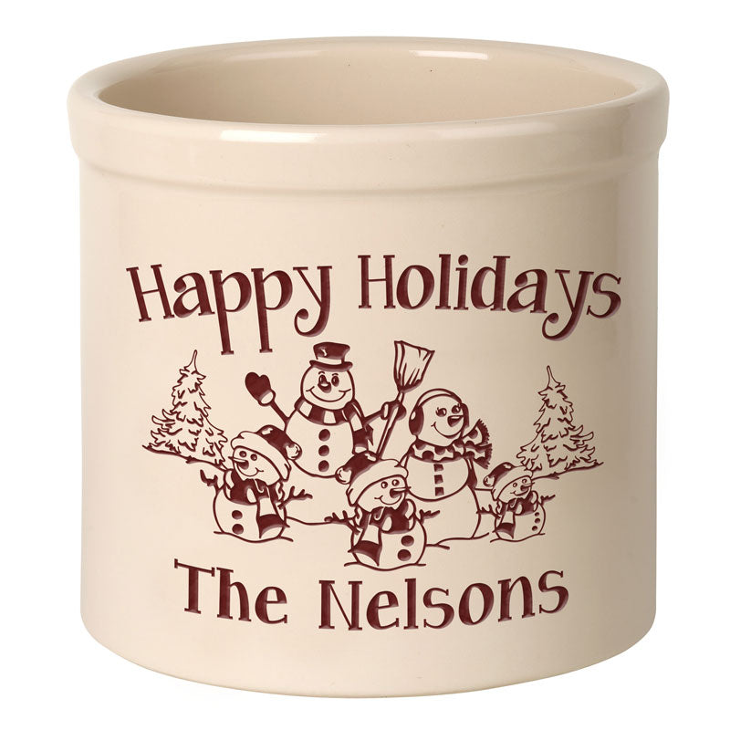 Whitehall Products Personalized Snowman Family Three Child 2 Gallon Stoneware Crock Two Lines