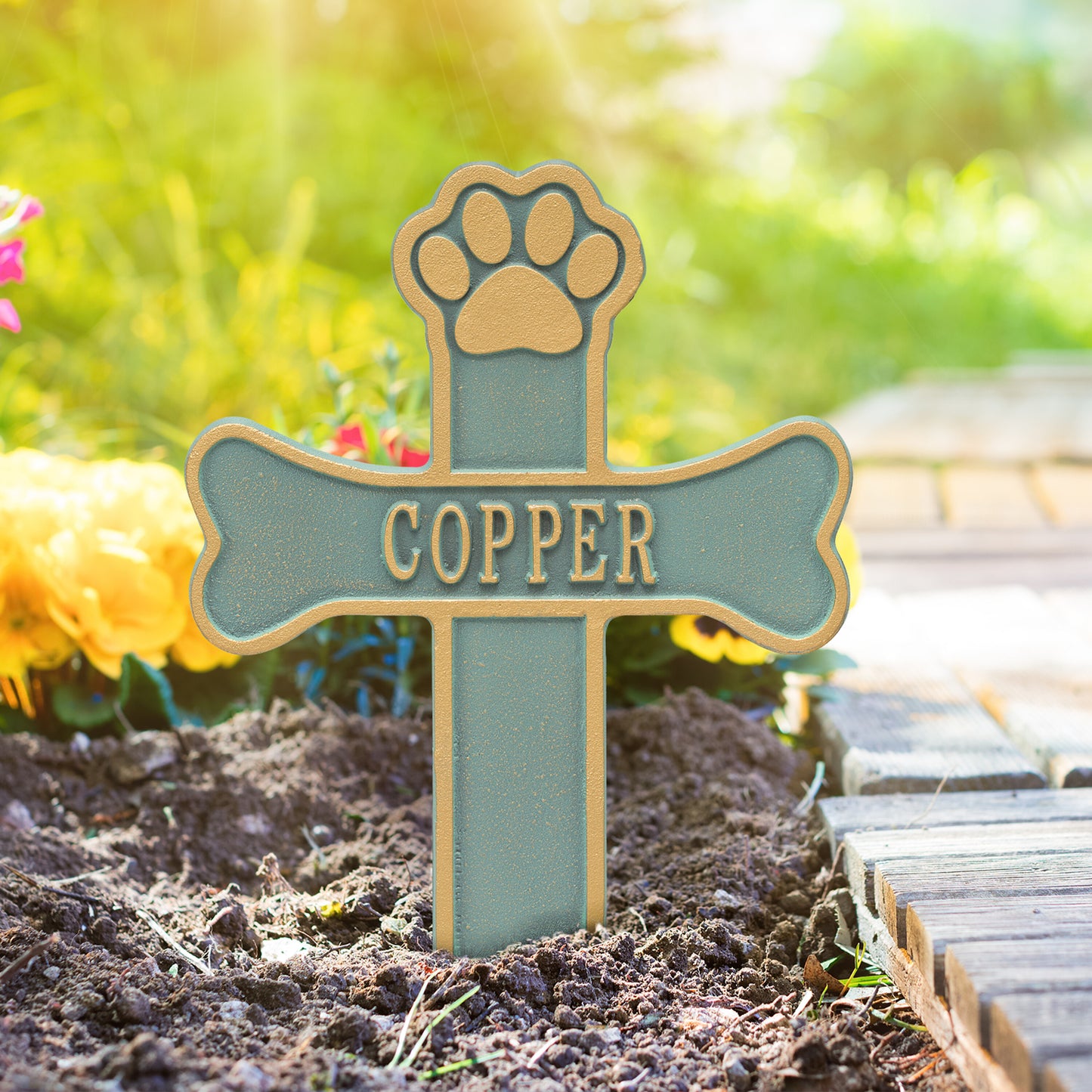 Whitehall Products Dog Paw And Bone Personalized Memorial Cross One Line Antique Copper