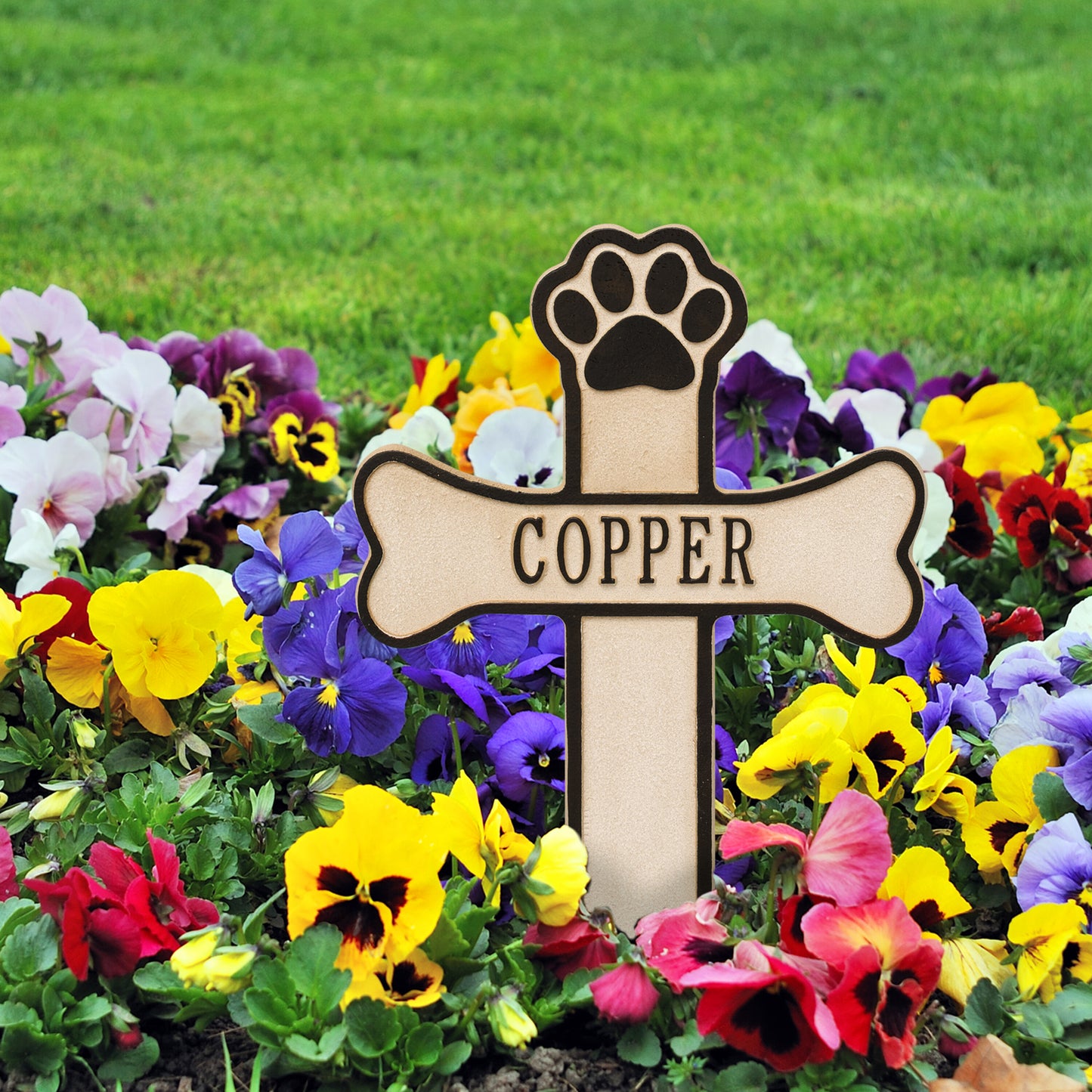 Whitehall Products Dog Paw And Bone Personalized Memorial Cross One Line Bronze Verdigris