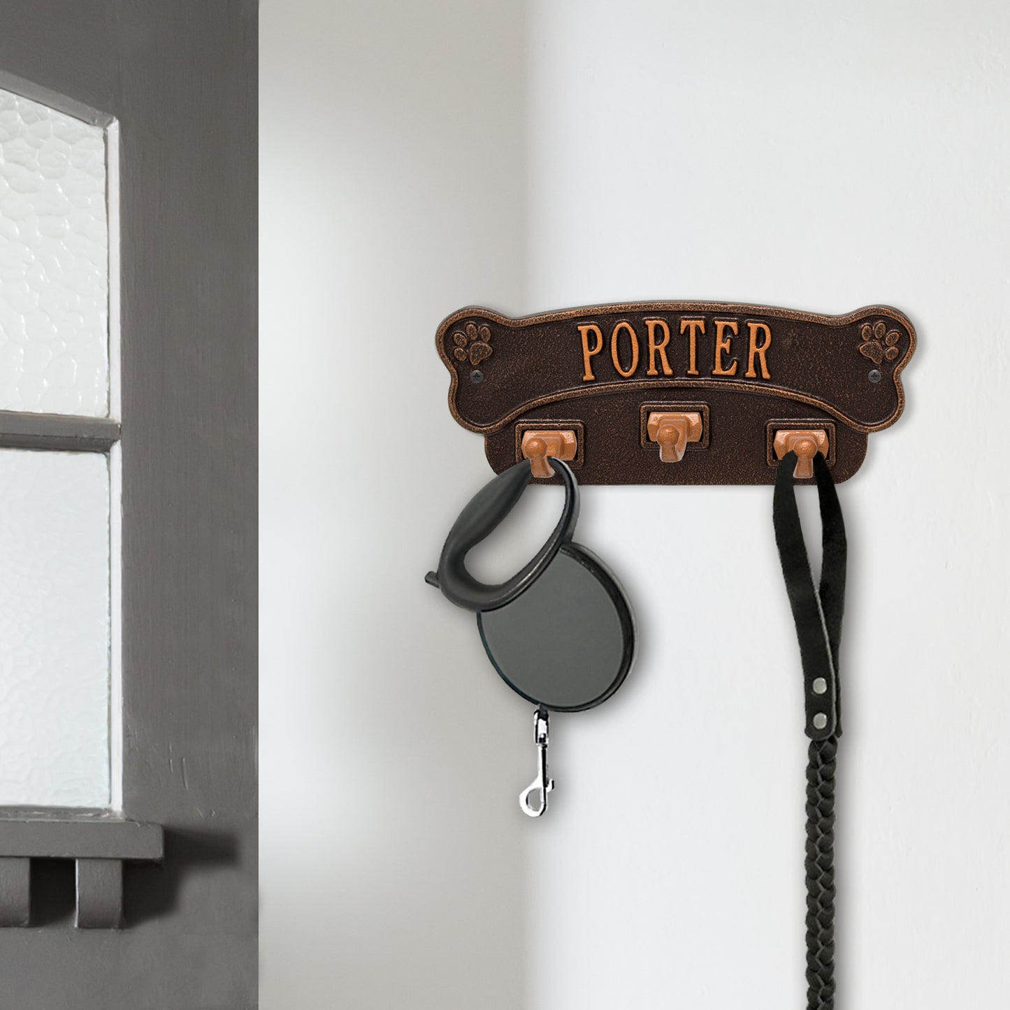 Whitehall Products Dog Bone Personalized Wall Sign With 3 Leash Hooks One Line Antique Copper