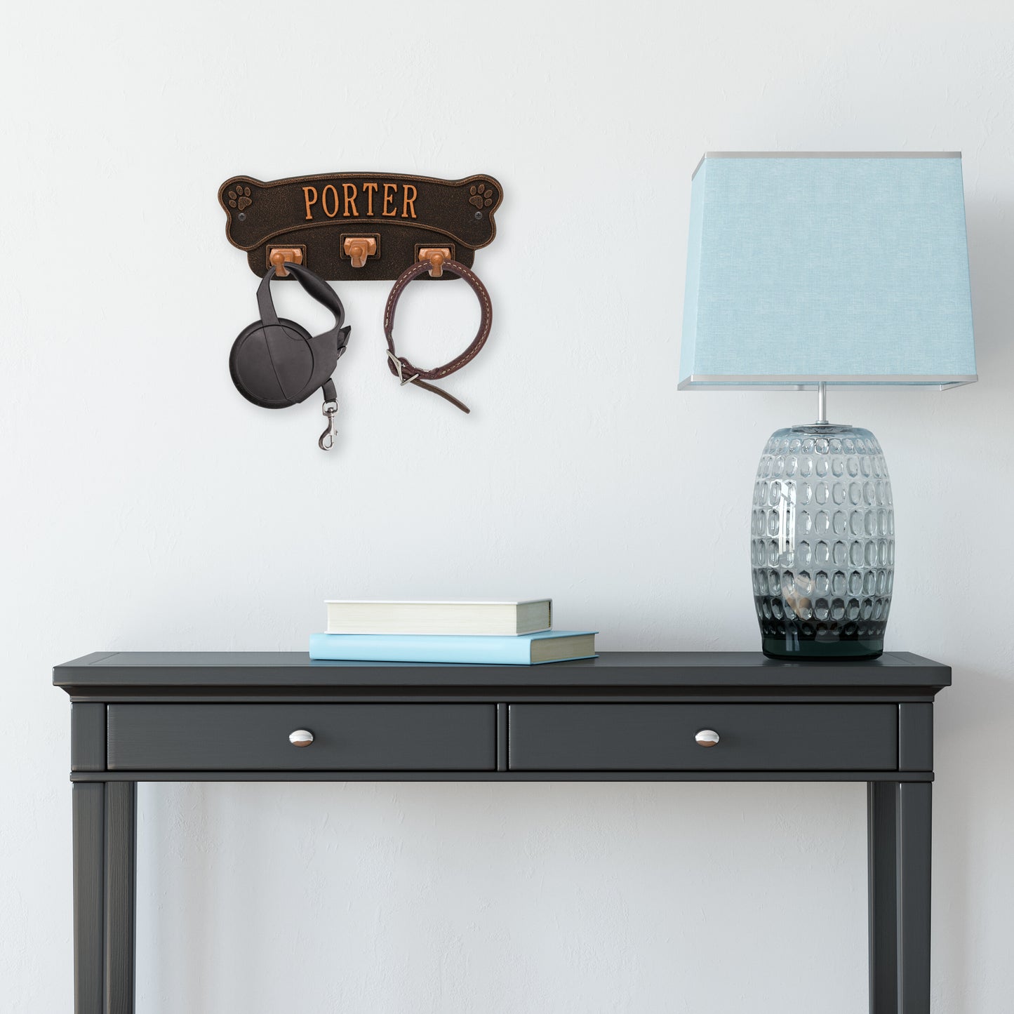 Whitehall Products Dog Bone Personalized Wall Sign With 3 Leash Hooks One Line Bronze Verdigris