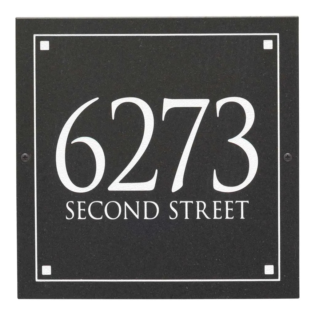 Black Granite Square Trajan Engraved Address Sign - 12" x 12" Wall Two Line