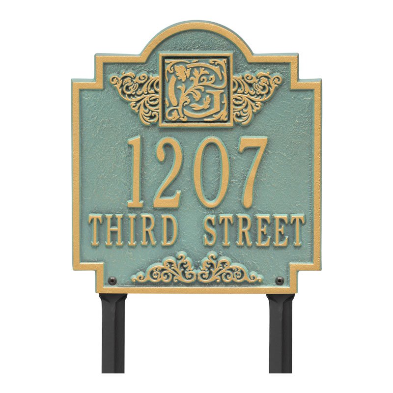Whitehall Products Monogram Address Personalized Plaque Lawn Two Lines Bronze Verdigris
