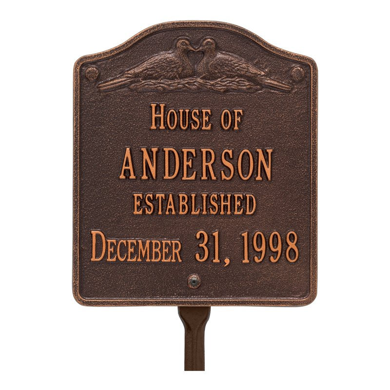 Whitehall Products Dove Wedding Anniversary Personalized Plaque Lawn Two Lines Antique Copper