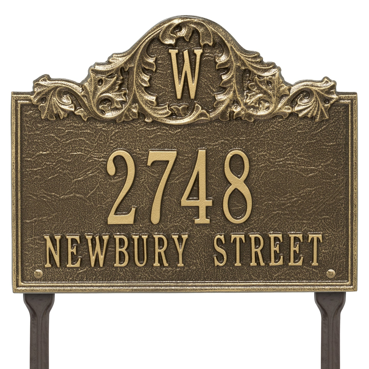 Whitehall Products Personalized Acanthus Monogram Lawn Plaque Three Line Antique Brass