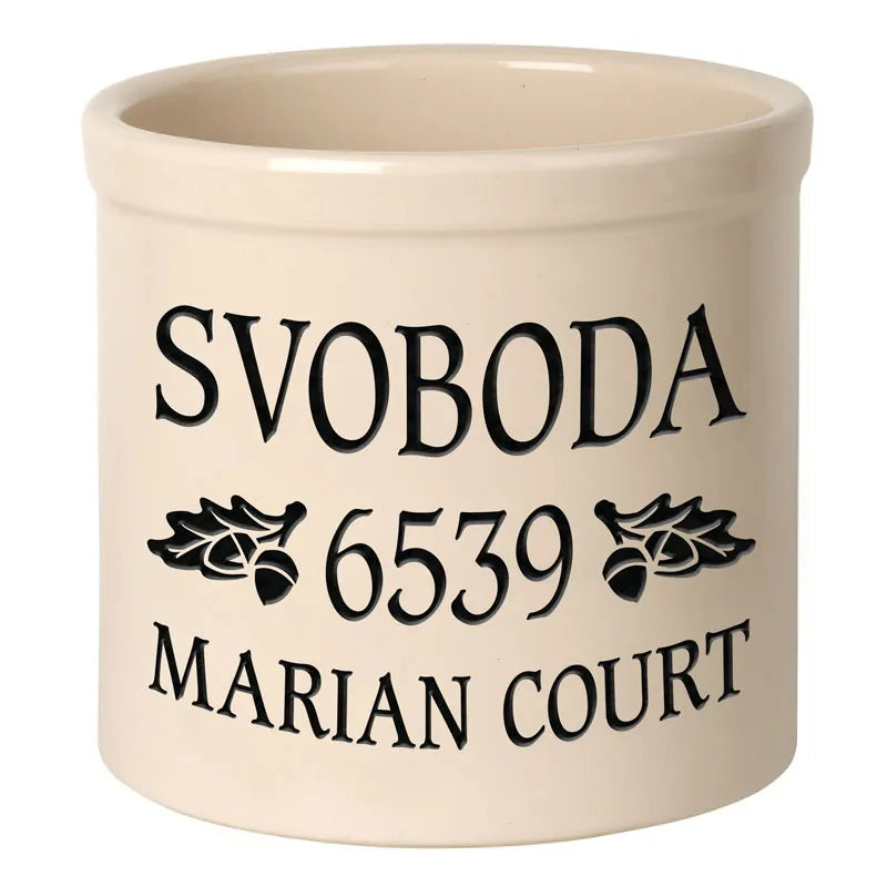 Whitehall Products Personalized Oak Leaf 2 Gallon Stoneware Crock Three Lines 1 Red