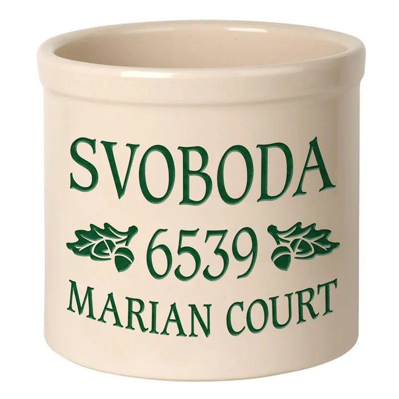 Whitehall Products Personalized Oak Leaf 2 Gallon Stoneware Crock Three Lines 1