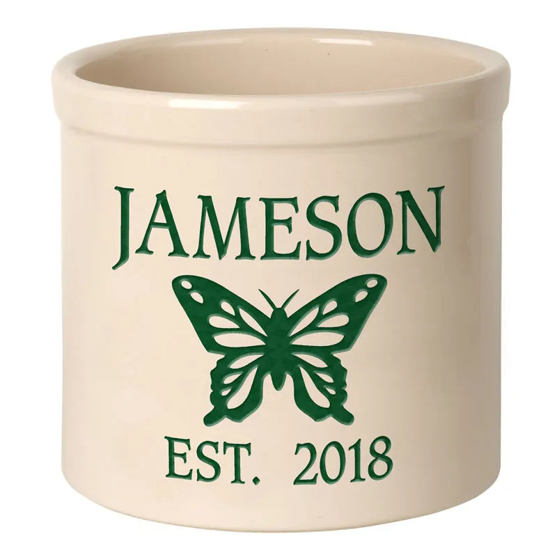Whitehall Products Personalized Butterfly 2 Gallon Stoneware Crock Two Lines