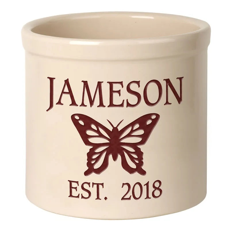 Whitehall Products Personalized Butterfly 2 Gallon Stoneware Crock Two Lines