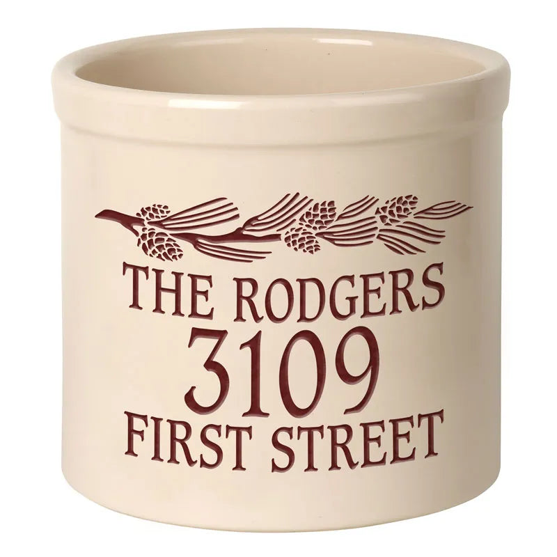 Whitehall Products Personalized Pinecone 2 Gallon Stoneware Crock Three Lines 1