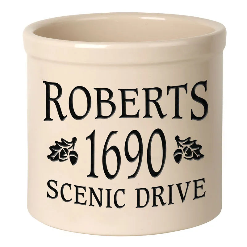 Whitehall Products Personalized Oak Leaf 2 Gallon Stoneware Crock Three Lines 3 Red