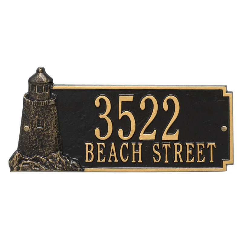 Whitehall Products Personalized Lighthouse Rectangle Plaque Two Lines Blue/gold