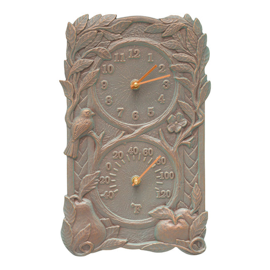 Whitehall Products Fruit Bird Wall Clock Thermometer Copper Verdigris