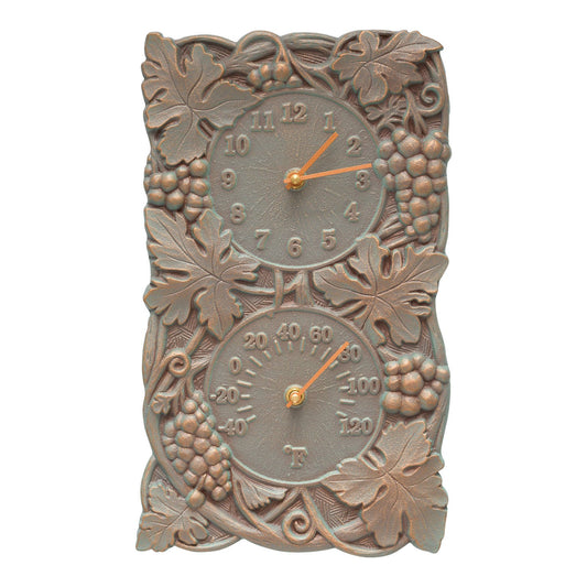 Whitehall Products Grapevine Wall Clock Thermometer Copper Verdigris