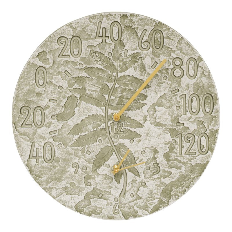 Whitehall Products Sumac 14 Indoor Outdoor Wall Clock Thermometer Weathered Limestone