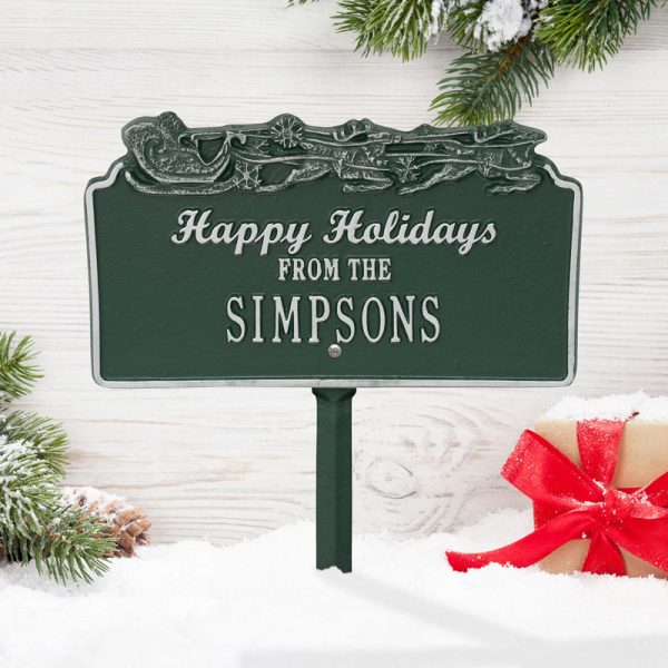 Whitehall Products Happy Holidays Sleigh Personalized Lawn Plaque One Line Green/white