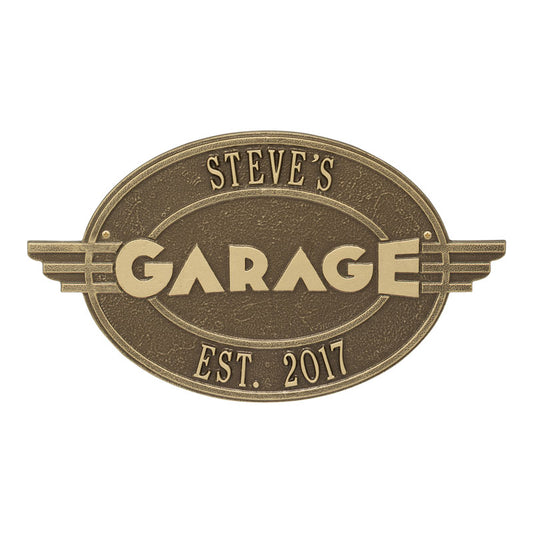 Whitehall Products Moderno Garage Personalized Plaque Two Lines Antique Brass