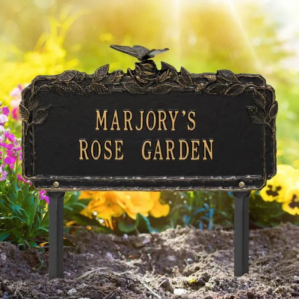 Whitehall Products Butterfly Rose Garden Personalized Lawn Plaque Two Lines Black/gold