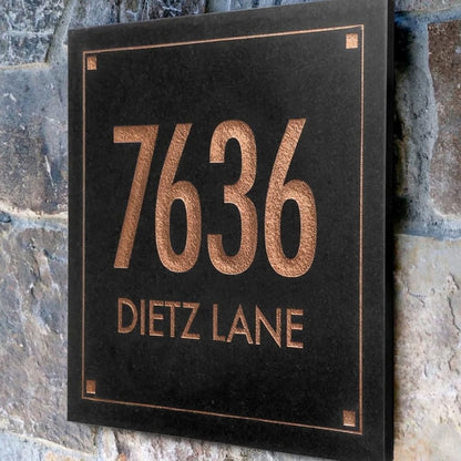 Black Granite Square Futura Engraved Address Sign - 12" x 12" Two Line