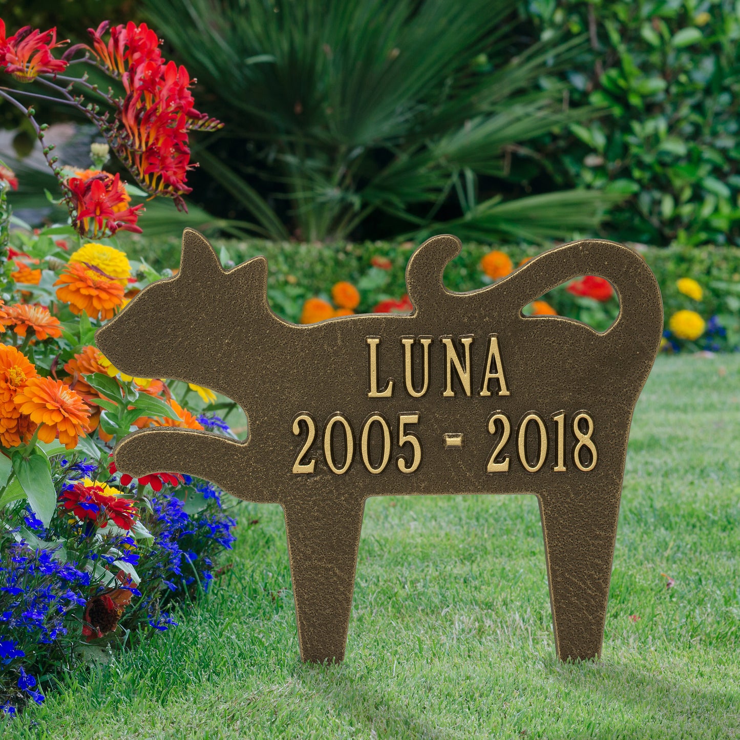 Whitehall Products Cat Silhouette Pet Memorial Personalized Lawn Plaque Two Lines Antique Copper