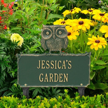 Whitehall Products Owl Garden Personalized Lawn Plaque Two Lines Green/gold